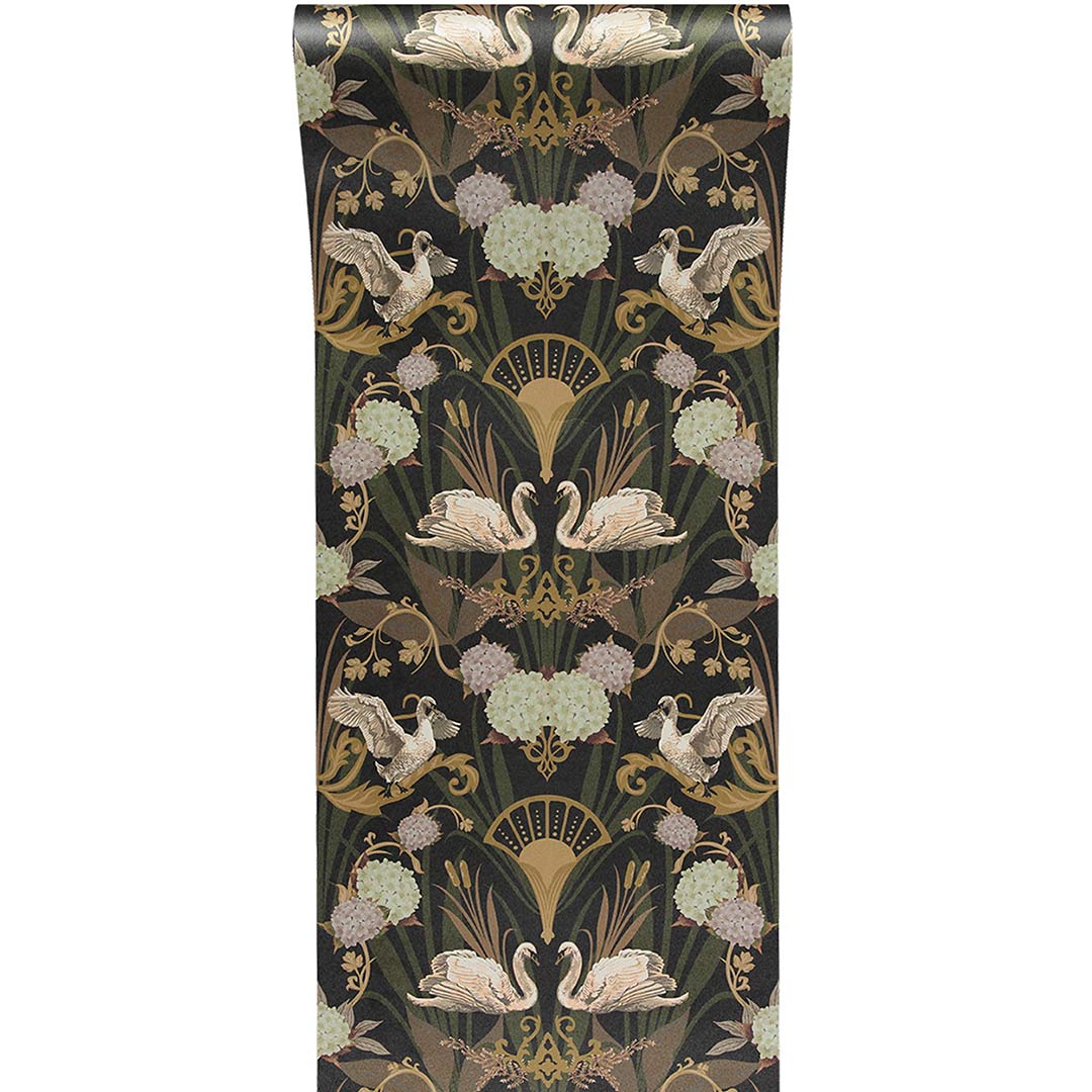 Deco Swan Wallpaper - Charcoal - Graduate Collection