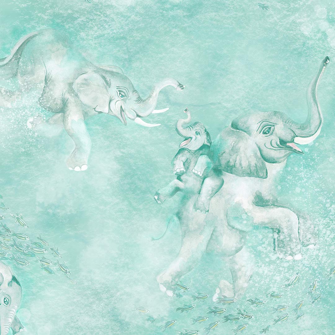 Elephant Breaststroke Wallpaper - Aqua - Brand Mckenzie