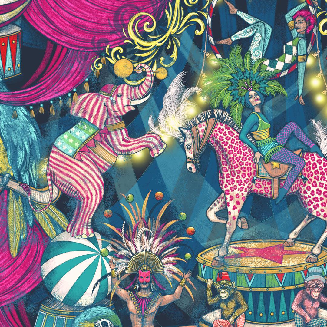 Funfair Wallpaper - Denim & Cerise - Brand Mckenzie