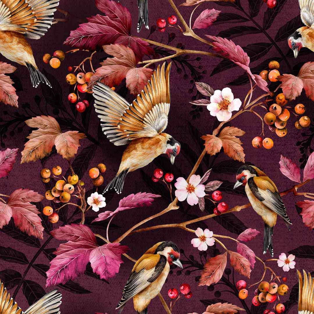 Goldfinches Aubergine Wallpaper