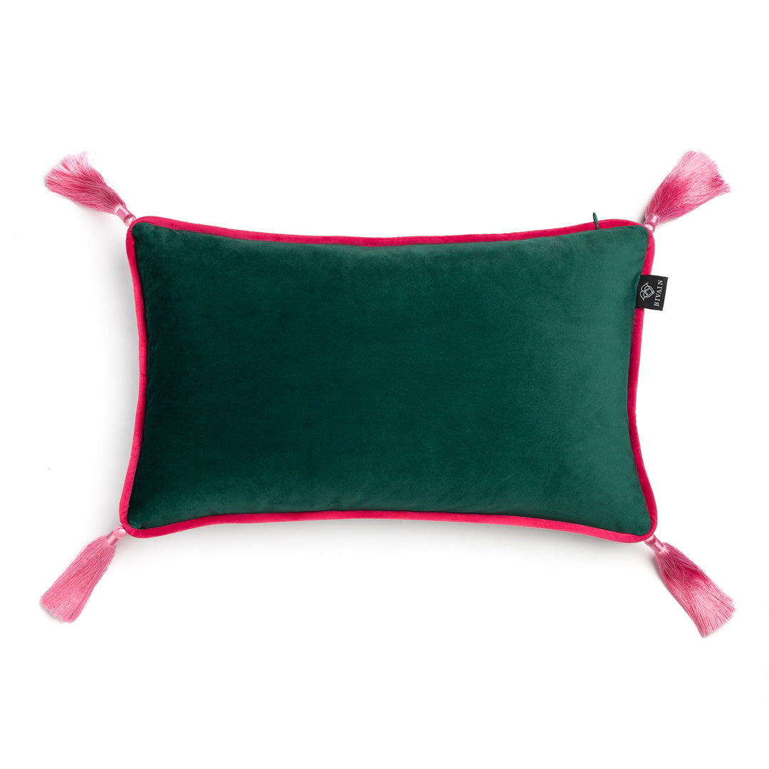 Green Velvet Rectangular Cushion with Pink Tassels – Lime Lace