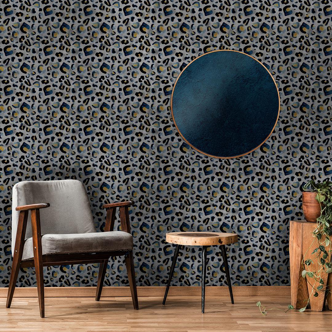 Indigo Inky Leopard Print Wallpaper