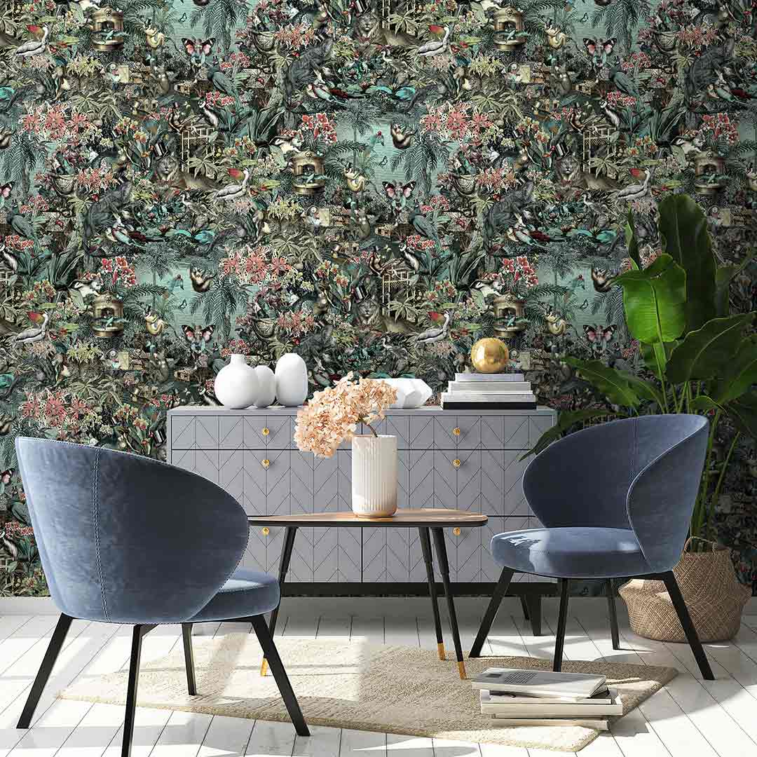Jungle Life Wallpaper - Aquamarine & Coral - Brand Mckenzie