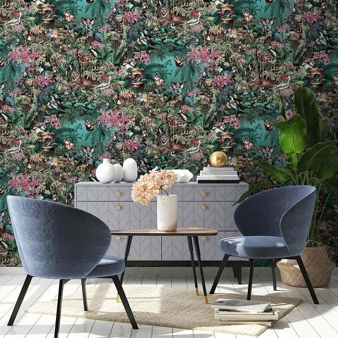 Jungle Life Wallpaper - Cerise & Turquoise - Brand Mckenzie