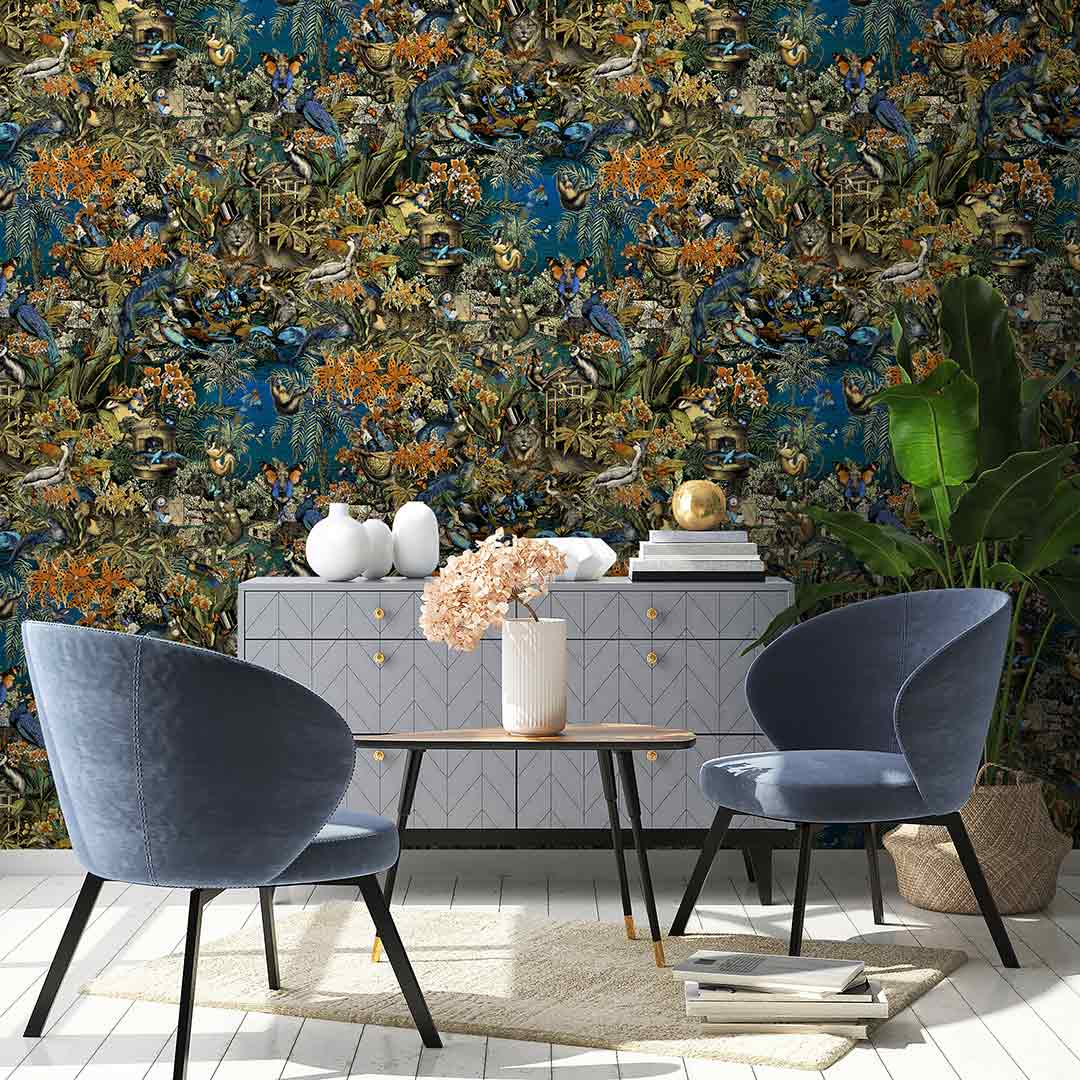 Jungle Life Wallpaper - Orange & Blue - Brand Mckenzie
