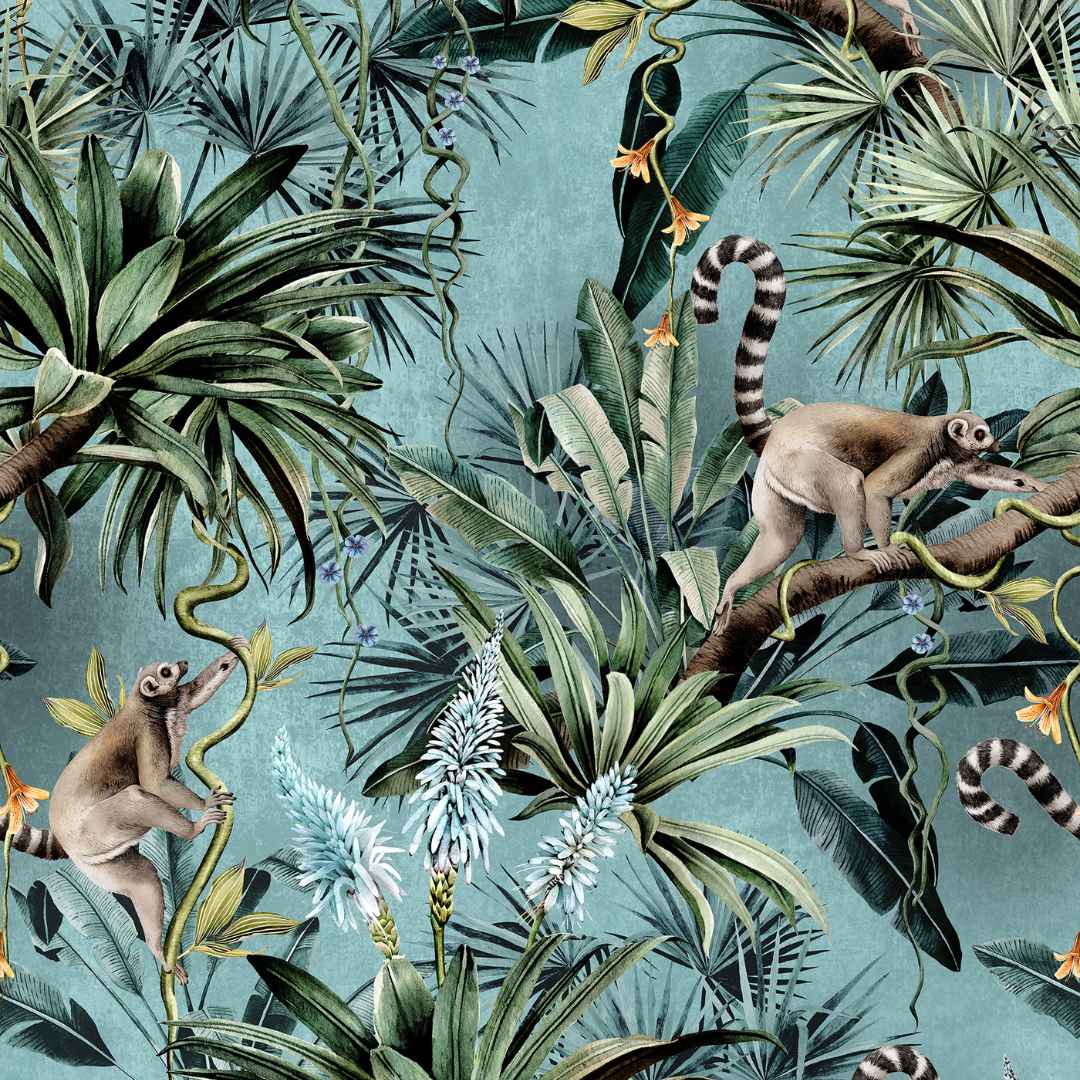 Leaping Lemurs Teal Wallpaper