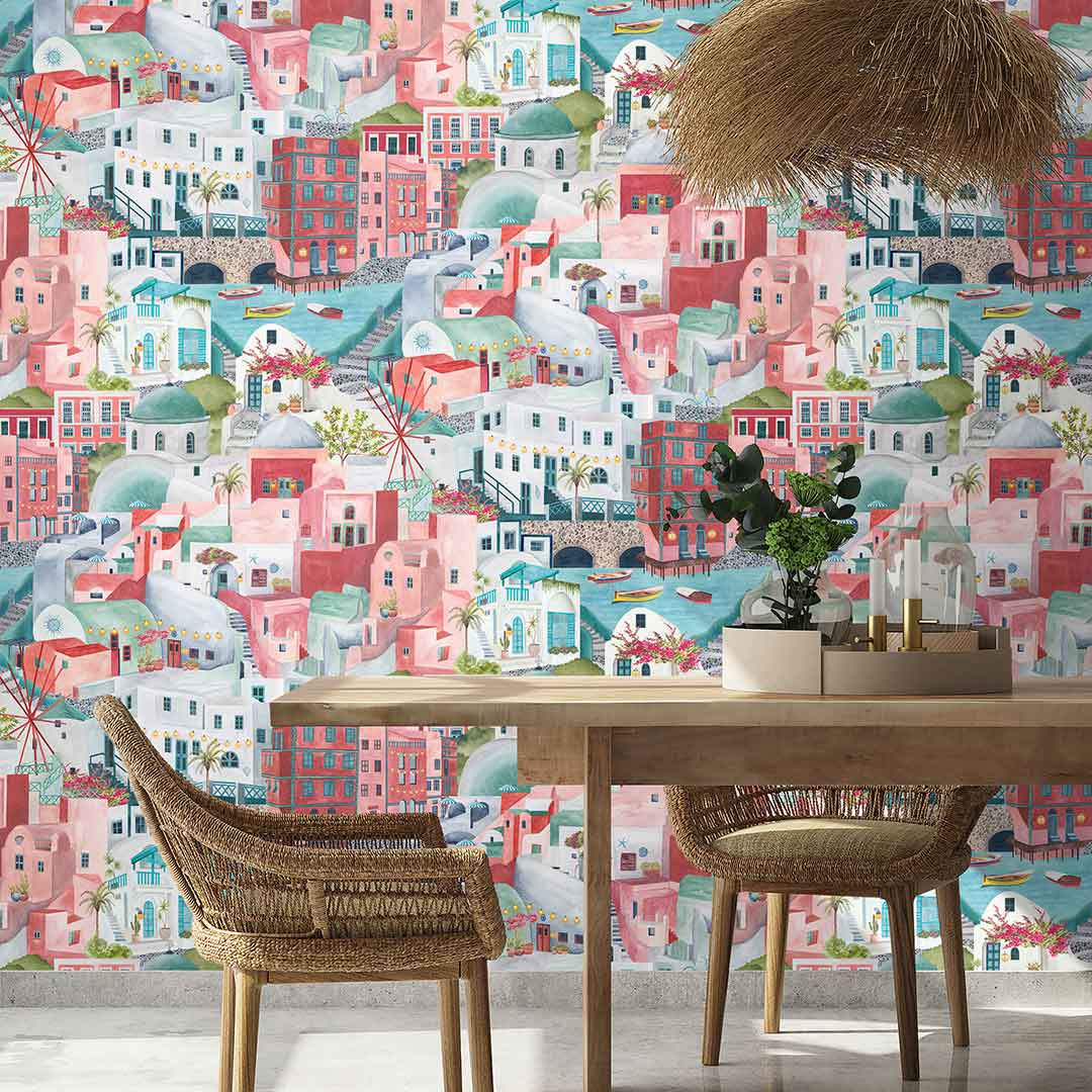 The Mediterranean Wallpaper - Cherry Aqua - Brand Mckenzie