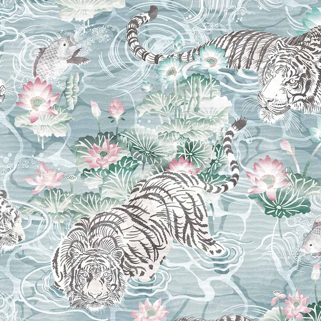 Tiger Lily Wallpaper - Arctic Blue & Pink - Brand Mckenzie