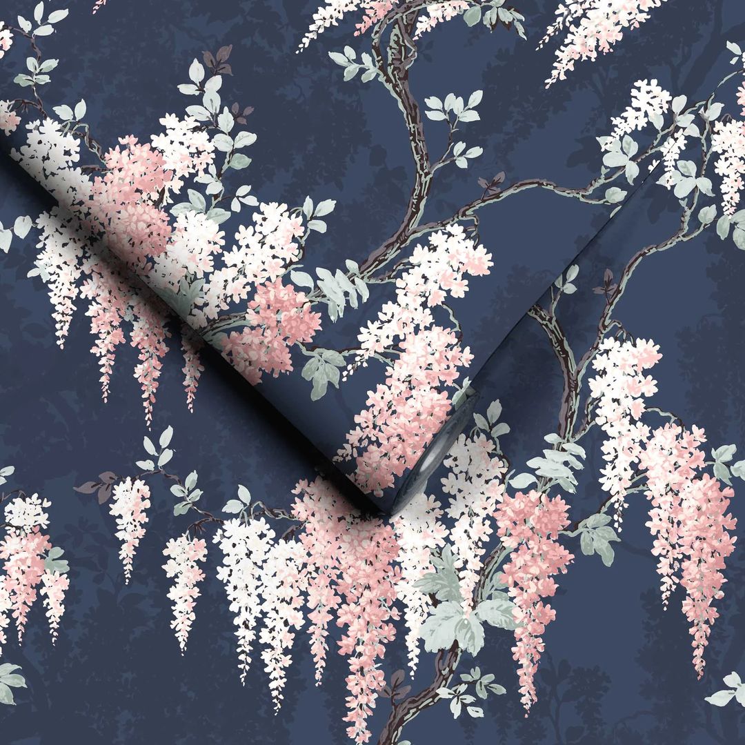 Wisteria Botanical Wallpaper - Midnight Mint
