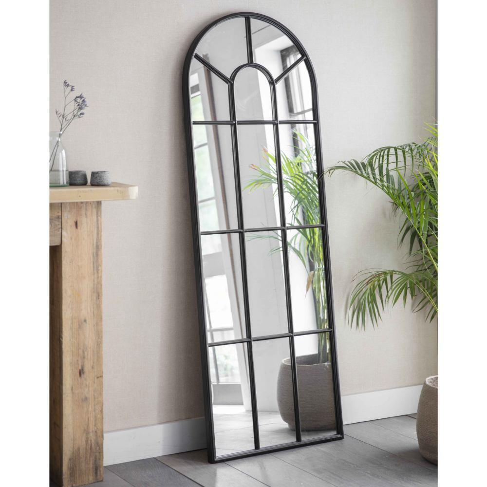 Black Arched Window Pane Outdoor Mirror