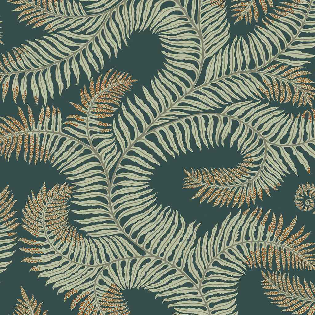 Bombe's Fernery Wallpaper - Teal & Orange Highlights - Josephine Munsey