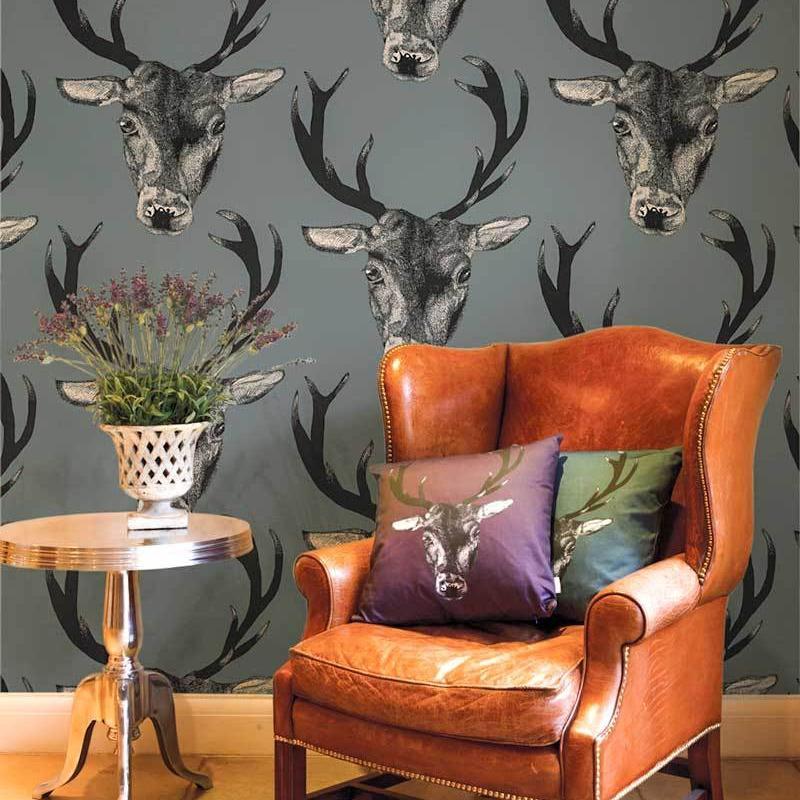 Large Stag Print Wallpaper - Grey - Graduate Collection