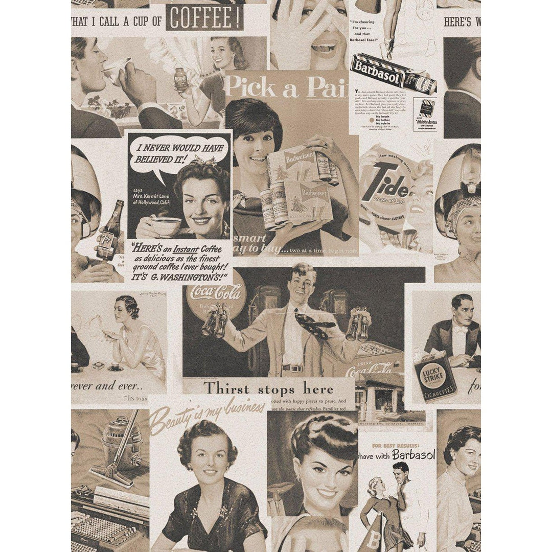 Retro Ads Wallpaper - Set of 3 Rolls - MINDTHEGAP - Sepia