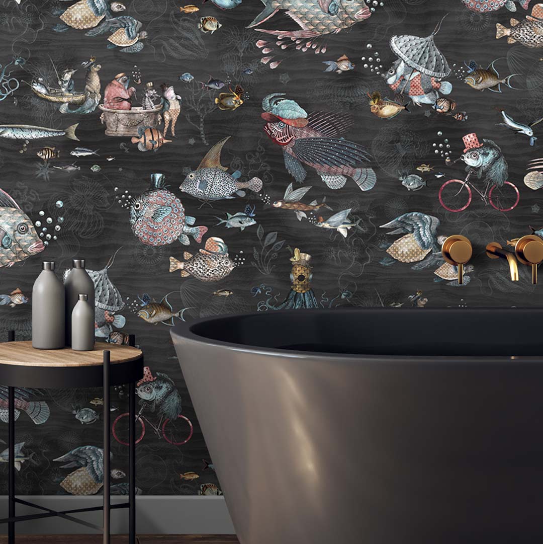 Sea Life Wallpaper - Charcoal and Pink - Brand Mckenzie