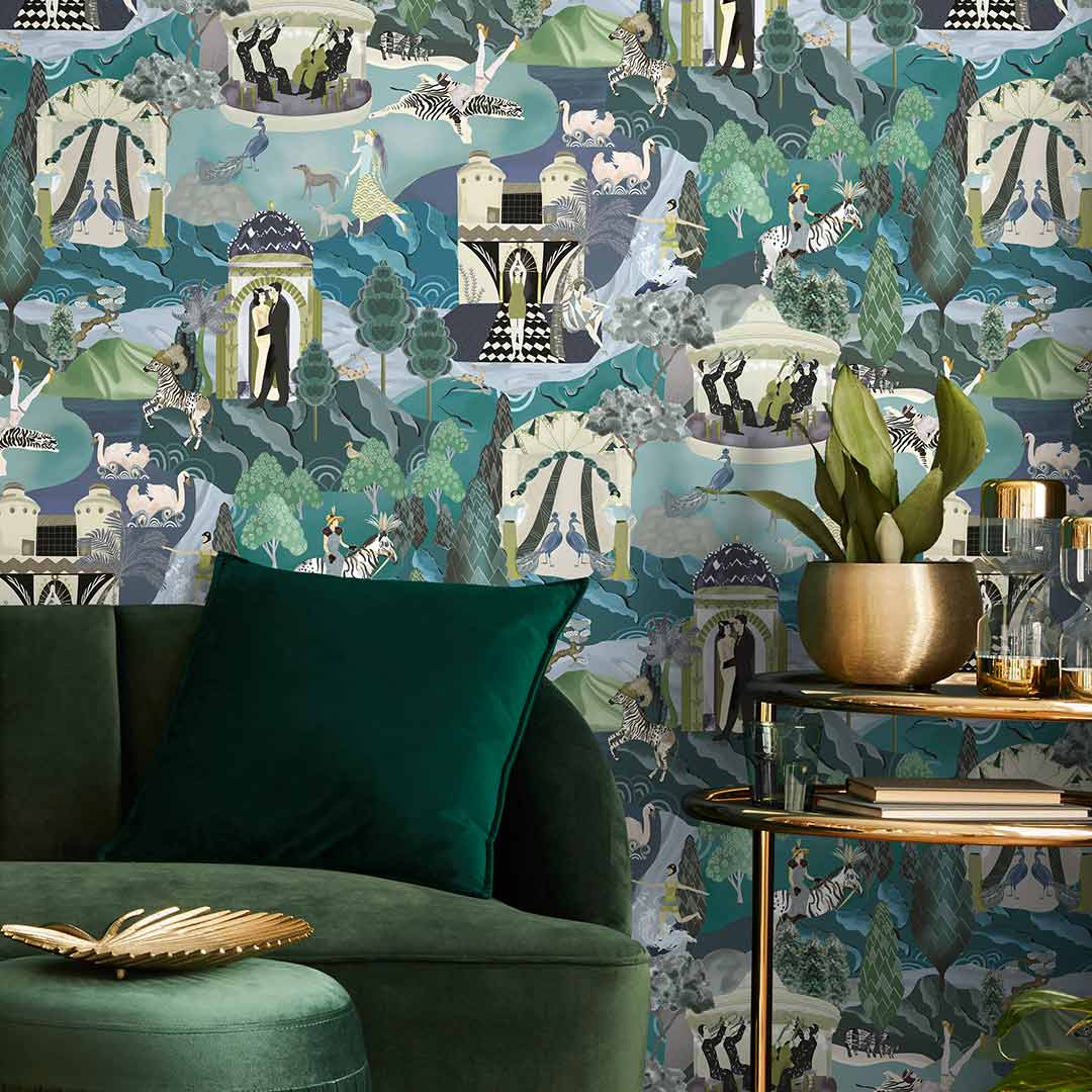 The Art Deco Hills Wallpaper - Aqua - Brand Mckenzie