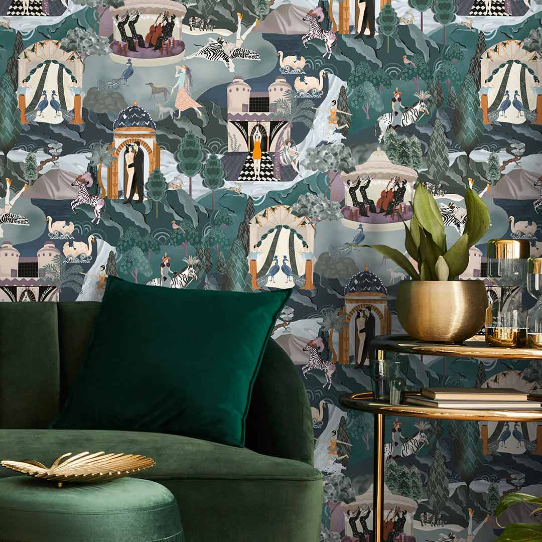 The Art Deco Hills Wallpaper - Teal and Copper - Brand Mckenzie