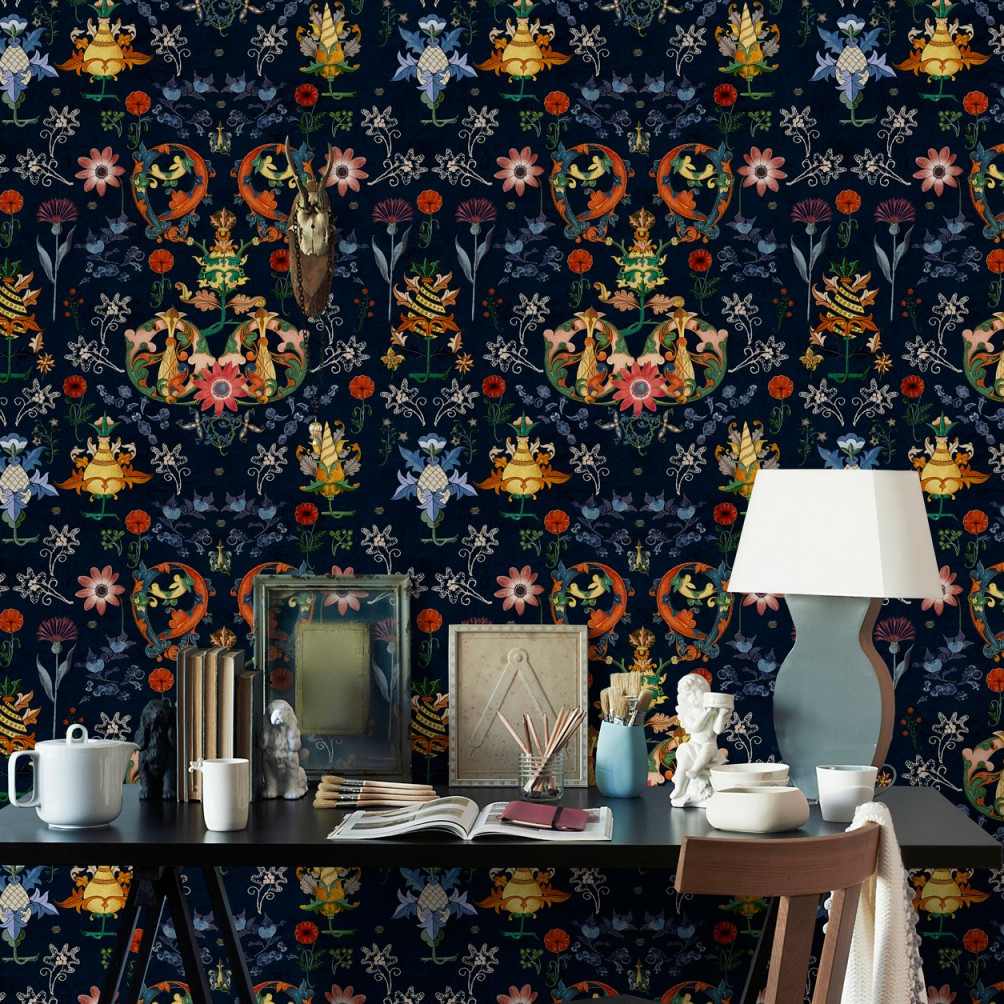 Transylvania Folk Blue Wallpaper - Set of 3 Rolls - MINDTHEGAP