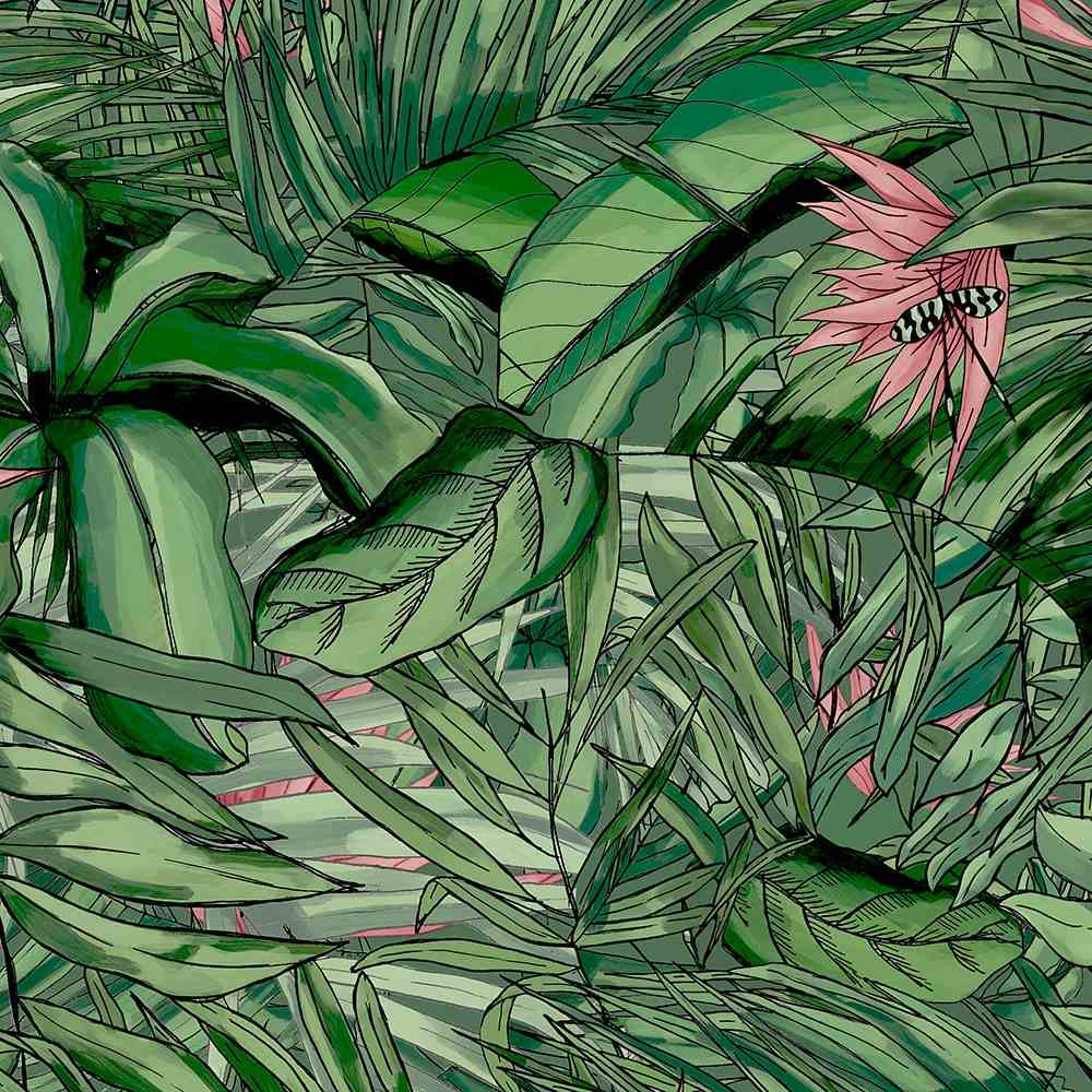 Tropical Forest Wallpaper - Dark Green & Pink - Brand Mckenzie
