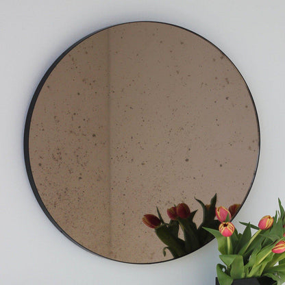 Antiqued Bronze Tinted Orbis Round Mirror - Black Frame