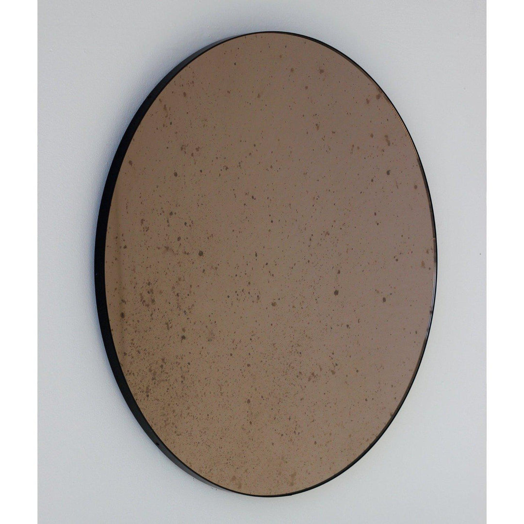 Antiqued Bronze Tinted Orbis Round Mirror - Black Frame