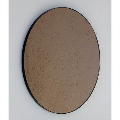 Antiqued Bronze Tinted Orbis Round Mirror - Black Frame