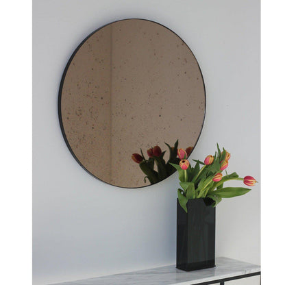 Antiqued Bronze Tinted Orbis Round Mirror - Black Frame