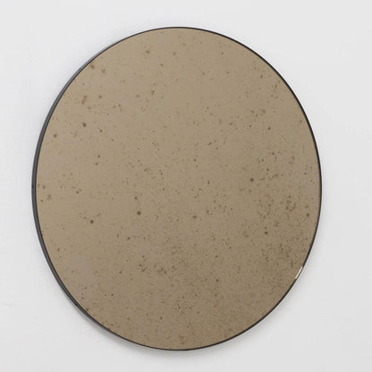 Antiqued Bronze Tinted Orbis Round Mirror - Black Frame