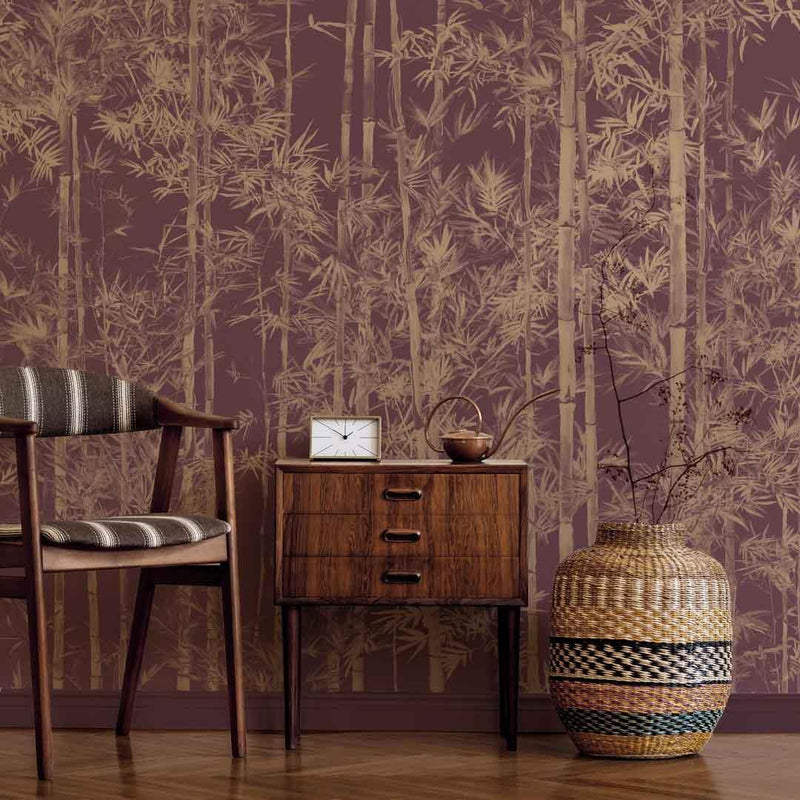 Bamboo Mural Wallpaper - Special Edition - Gold Burgundy - Sian Zeng