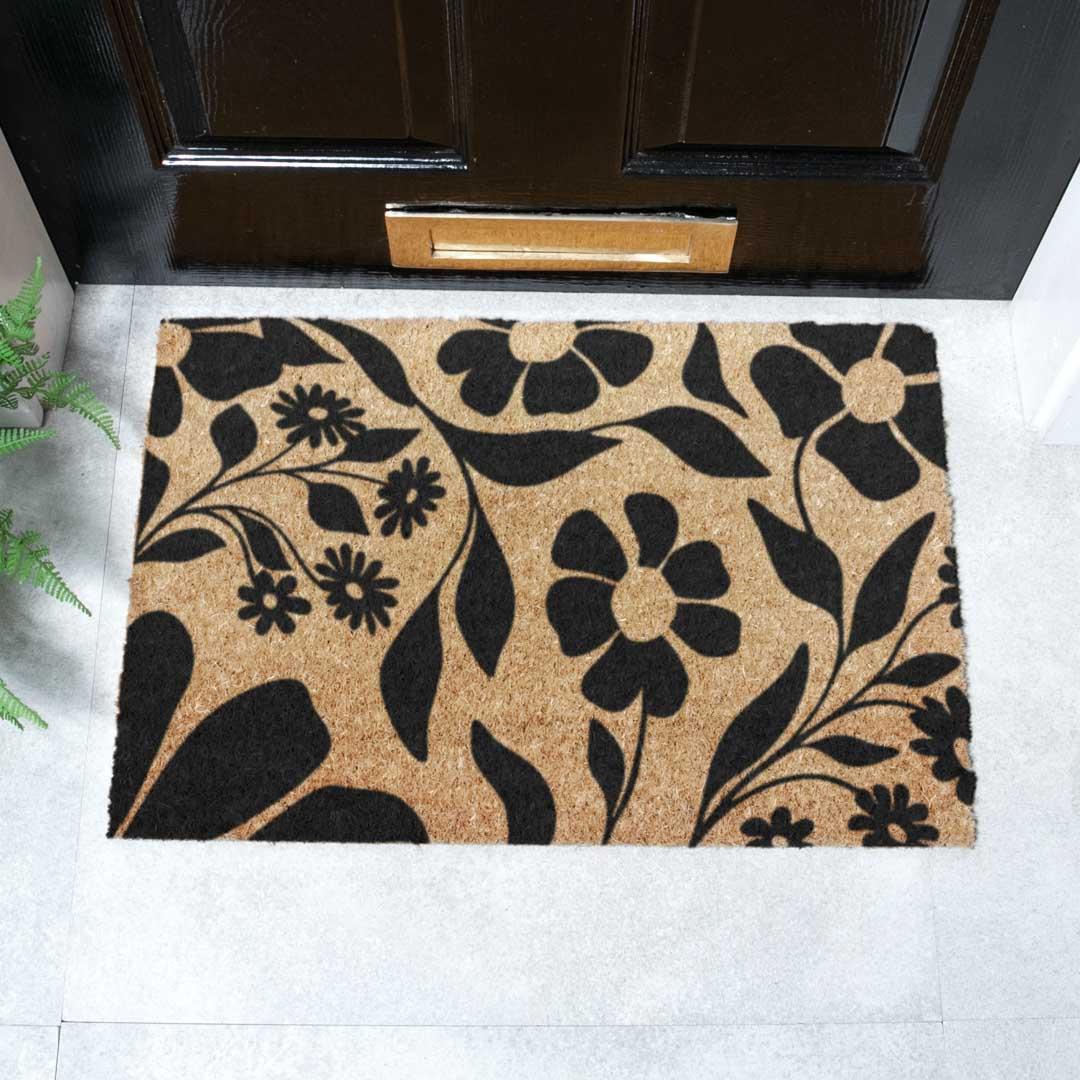 Black Floral Pattern Doormat