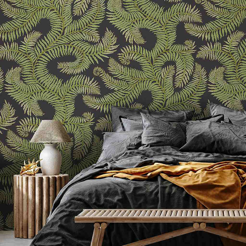 Bombe's Fernery Wallpaper - Dark Grey & Green - Josephine Munsey