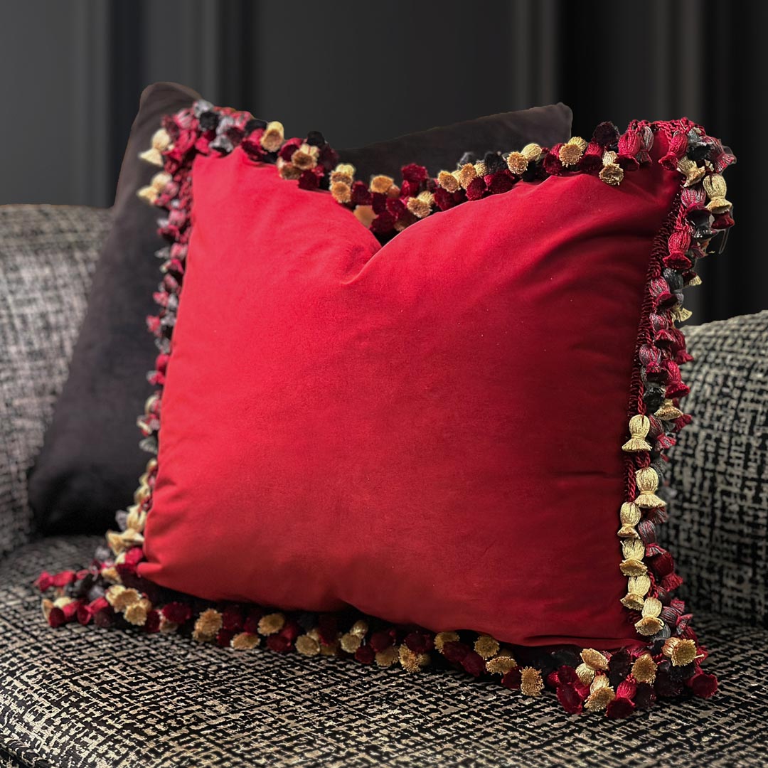 Carmine Deep Red Velvet Cushion – Lime Lace