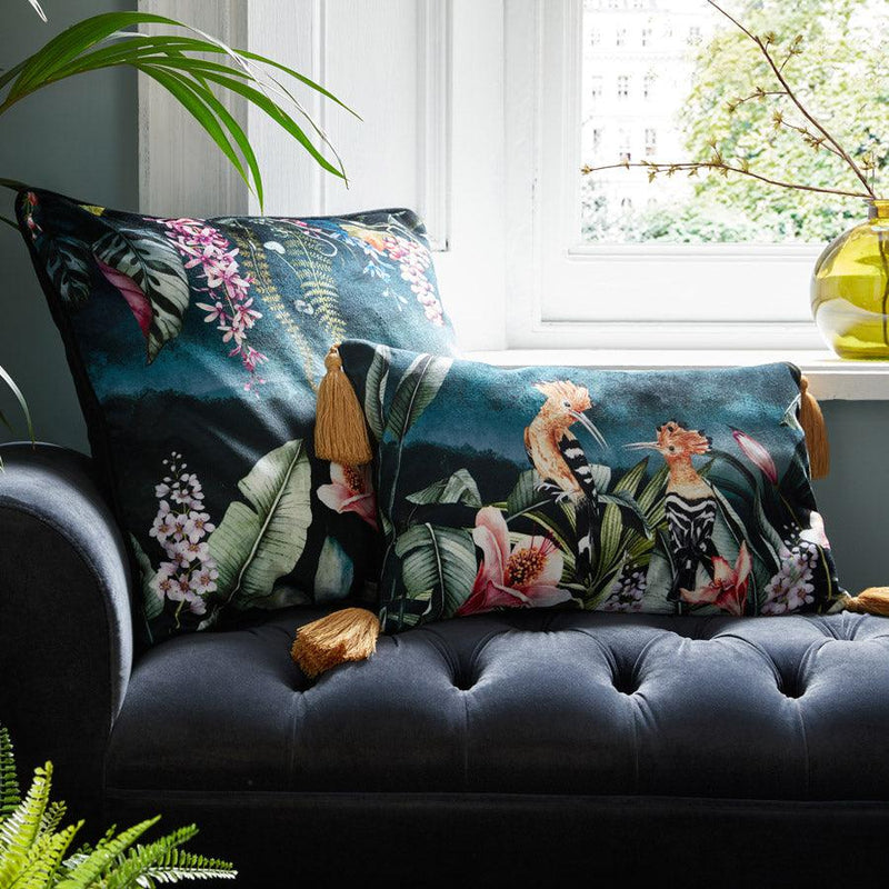 Courting Hoopoes Tassel Velvet Cushion Cover