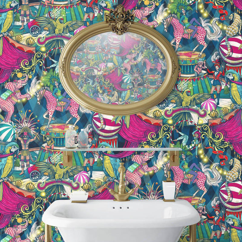 Funfair Wallpaper - Denim & Cerise - Brand Mckenzie
