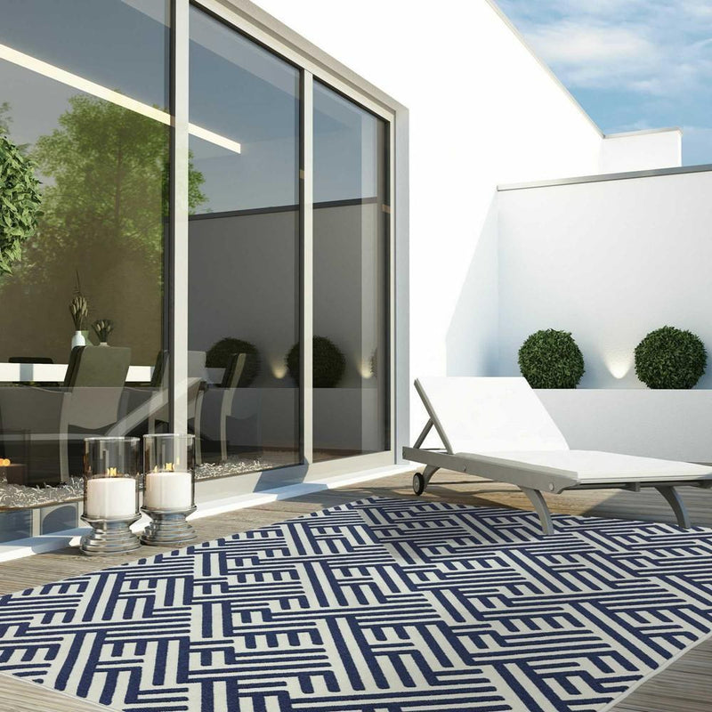Geometric Linear Outdoor Rug - Blue & White