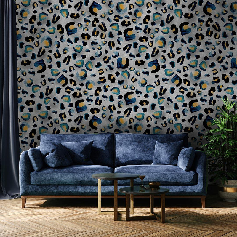 Indigo Inky Leopard Print Wallpaper