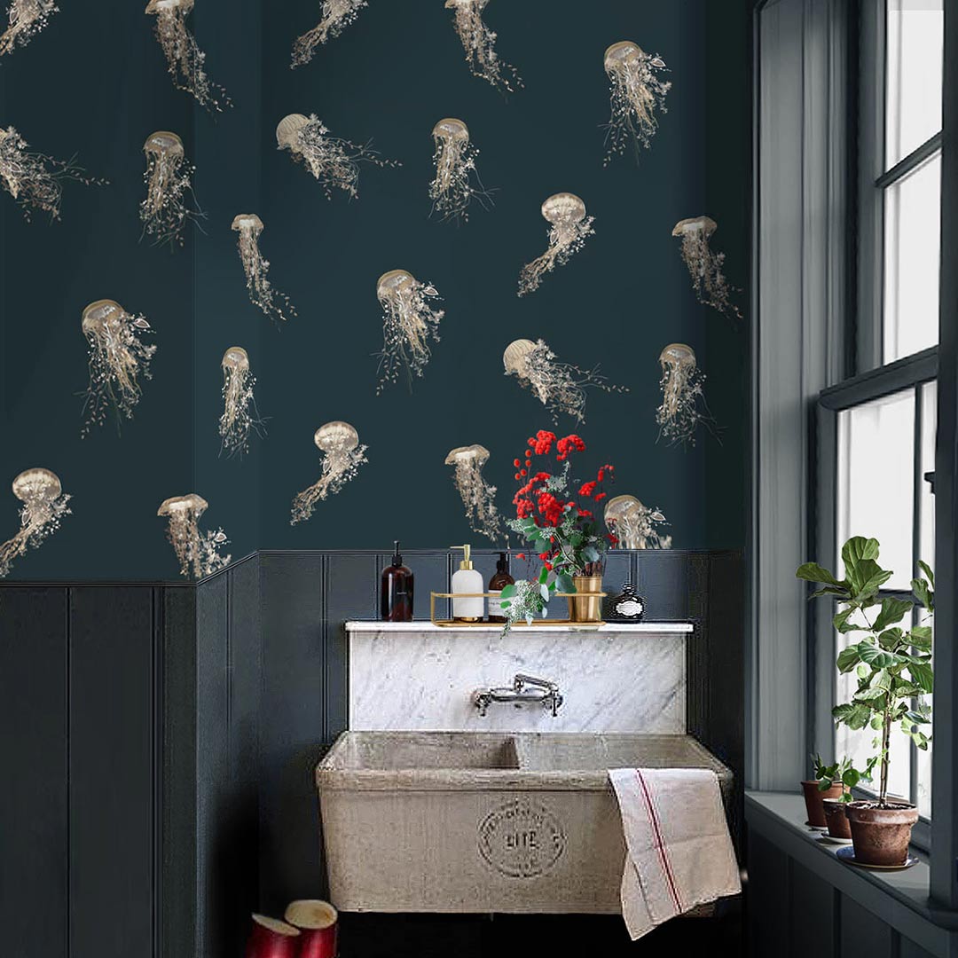 Living Waters Wallpaper - Deep Ocean/Limestone - Good & Craft