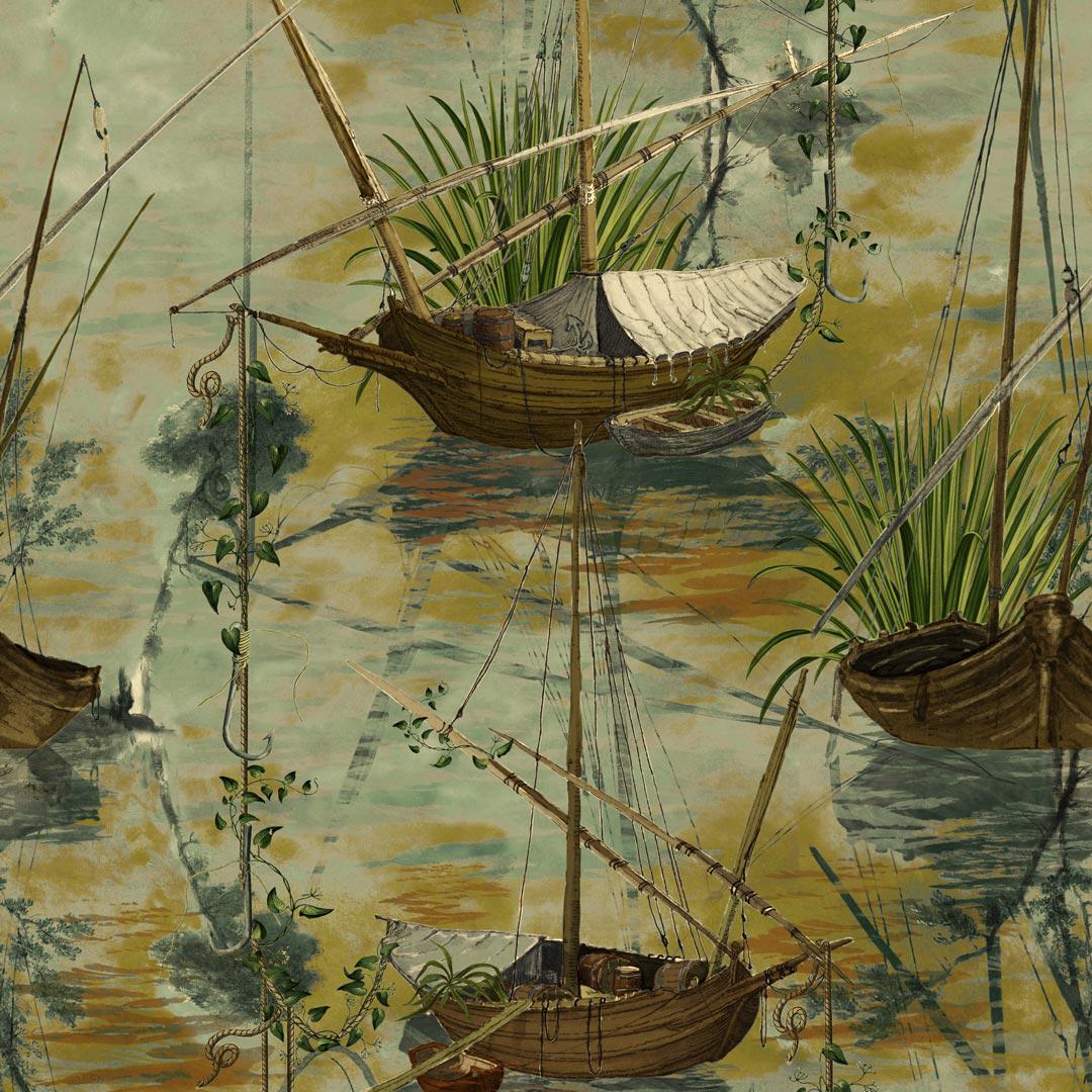 Moored Boats Wallpaper MindTheGap Lime Lace