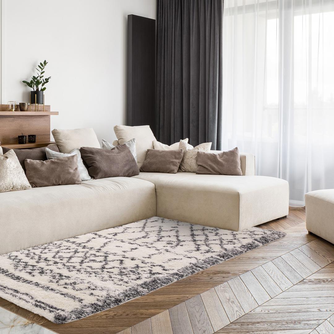 Moroccan Boho Deep Pile Rug - Cream & Grey