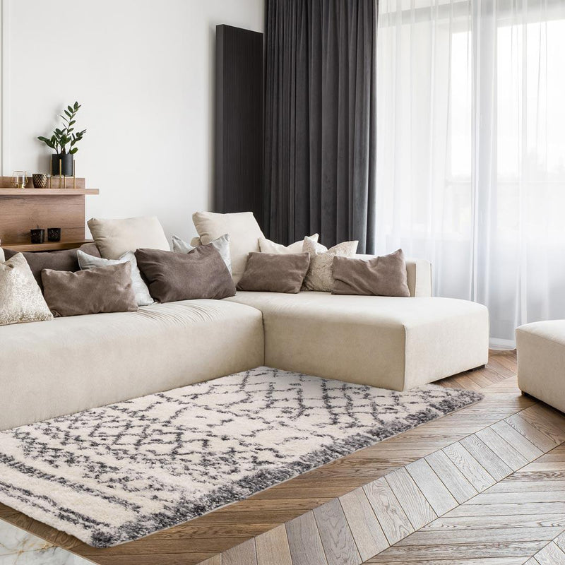 Moroccan Boho Deep Pile Rug - Cream & Grey
