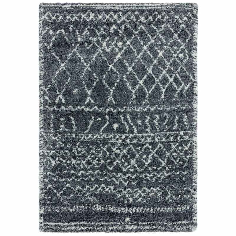 Moroccan Boho Deep Pile Rug - Grey & Cream