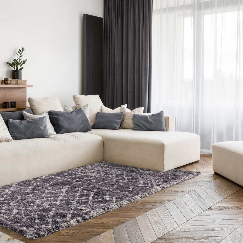 Moroccan Boho Deep Pile Rug - Grey & Cream