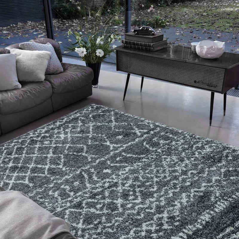 Moroccan Boho Deep Pile Rug - Grey & Cream