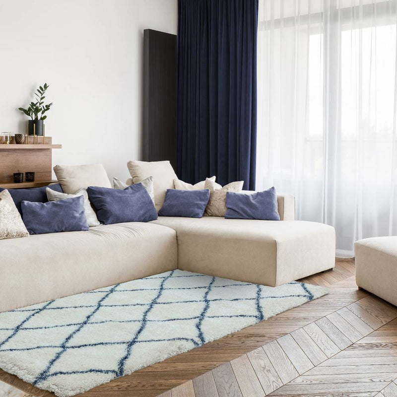 Moroccan Style Diamonds Deep Pile Rug - Cream & Blue