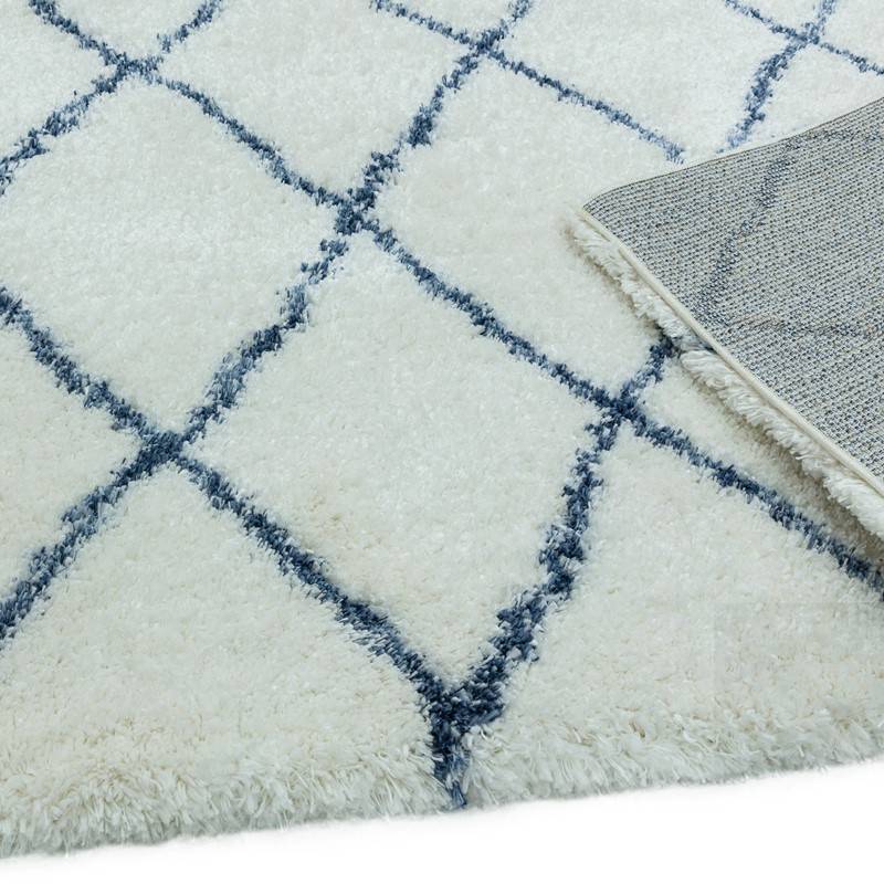 Moroccan Style Diamonds Deep Pile Rug - Cream & Blue