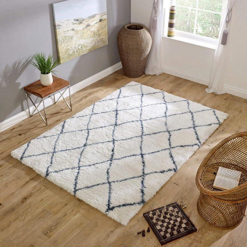 Moroccan Style Diamonds Deep Pile Rug - Cream & Blue