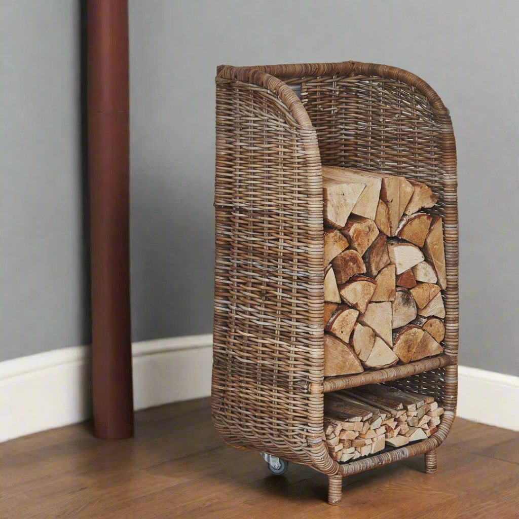 Rattan Firewood Storage With Kindling Shelf