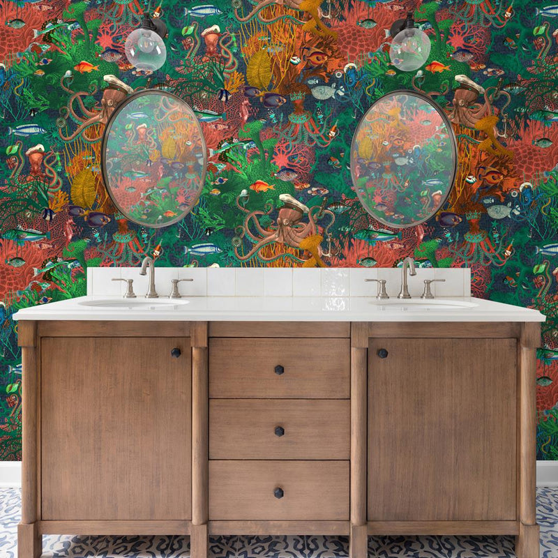 Octopus Wallpaper - Emerald Coral - Brand Mckenzie
