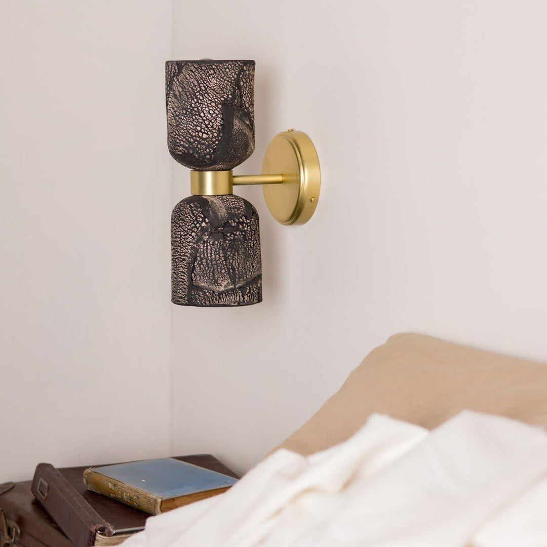 Sakura Double Ceramic & Brass Wall Light - Black Clay - Mullan Lighting