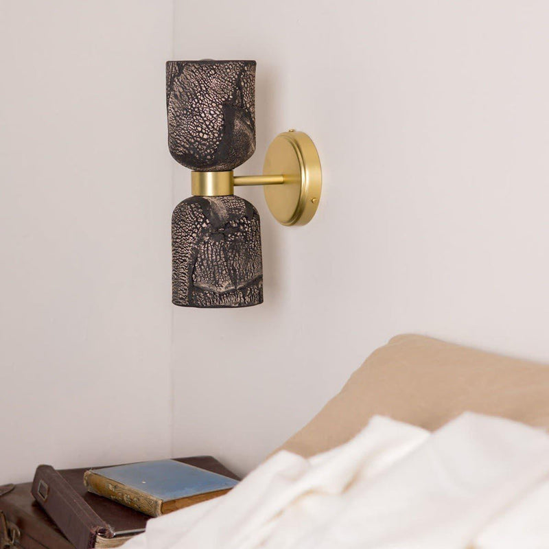 Sakura Double Ceramic & Brass Wall Light - Black Clay - Mullan Lighting