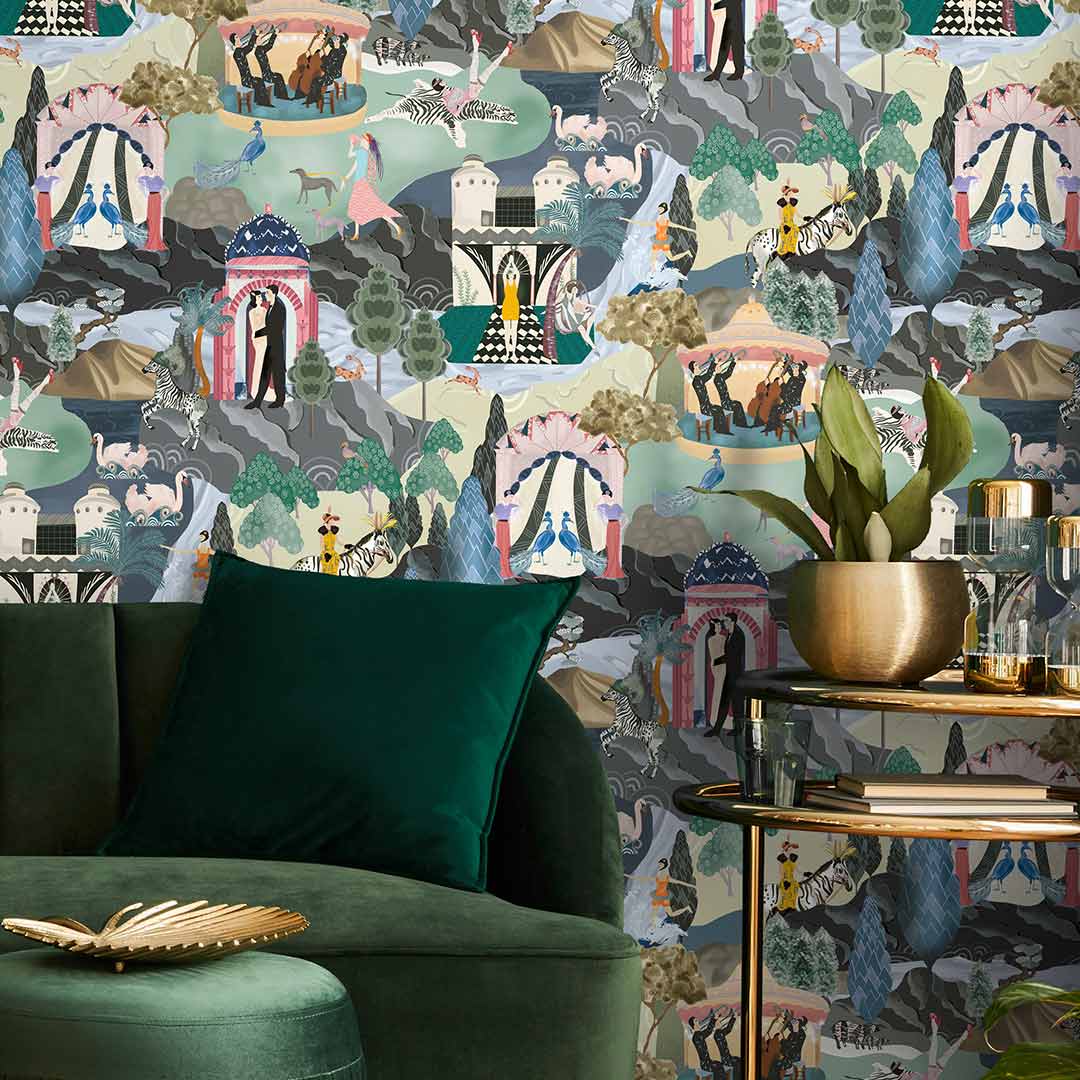 The Art Deco Hills Wallpaper - Teal and Fushia - Brand Mckenzie